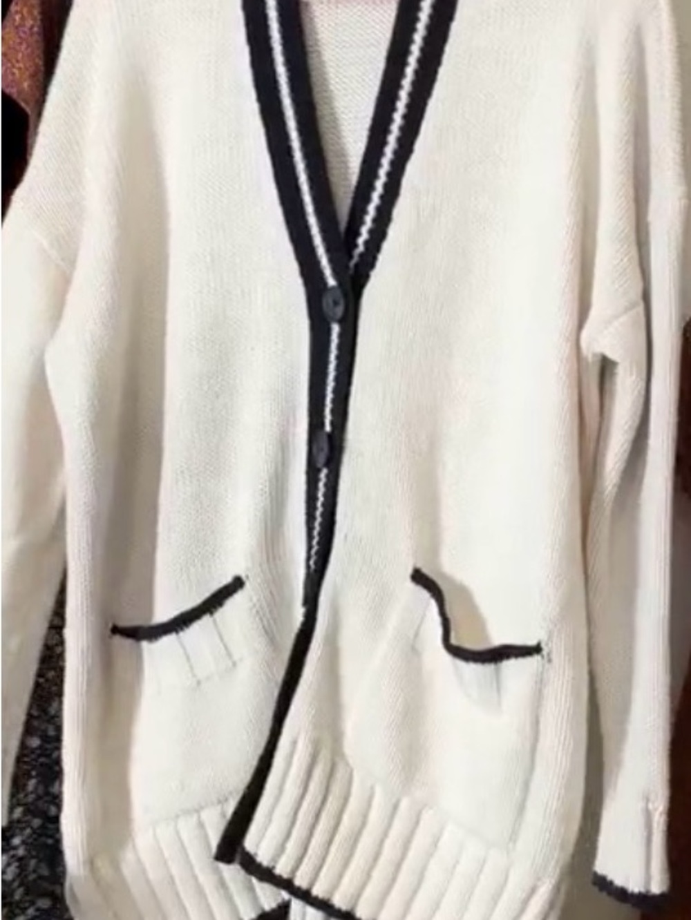 LOFT Cream Cardigan with Black Trim, Size Large, Oversized